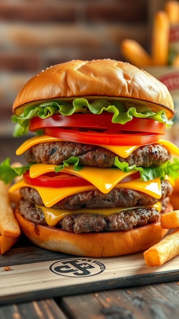 A double meat burger with two beef patties, cheese, lettuce, and tomato on a toasted bun with fries on the side.